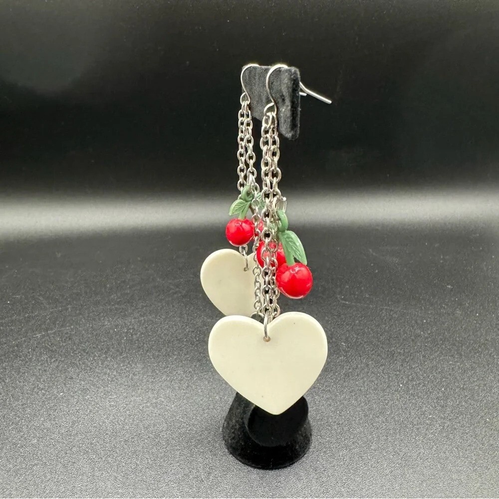 Red Cherry Heart Dangly Earrings 90s Style - Picture 3 of 11
